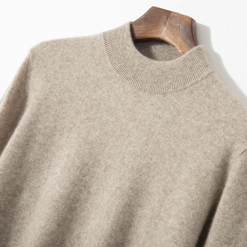 Men's Autumn Winter Wool Cashmere Pullover Sweater, Half High Neck, Solid Color, Plus Size
