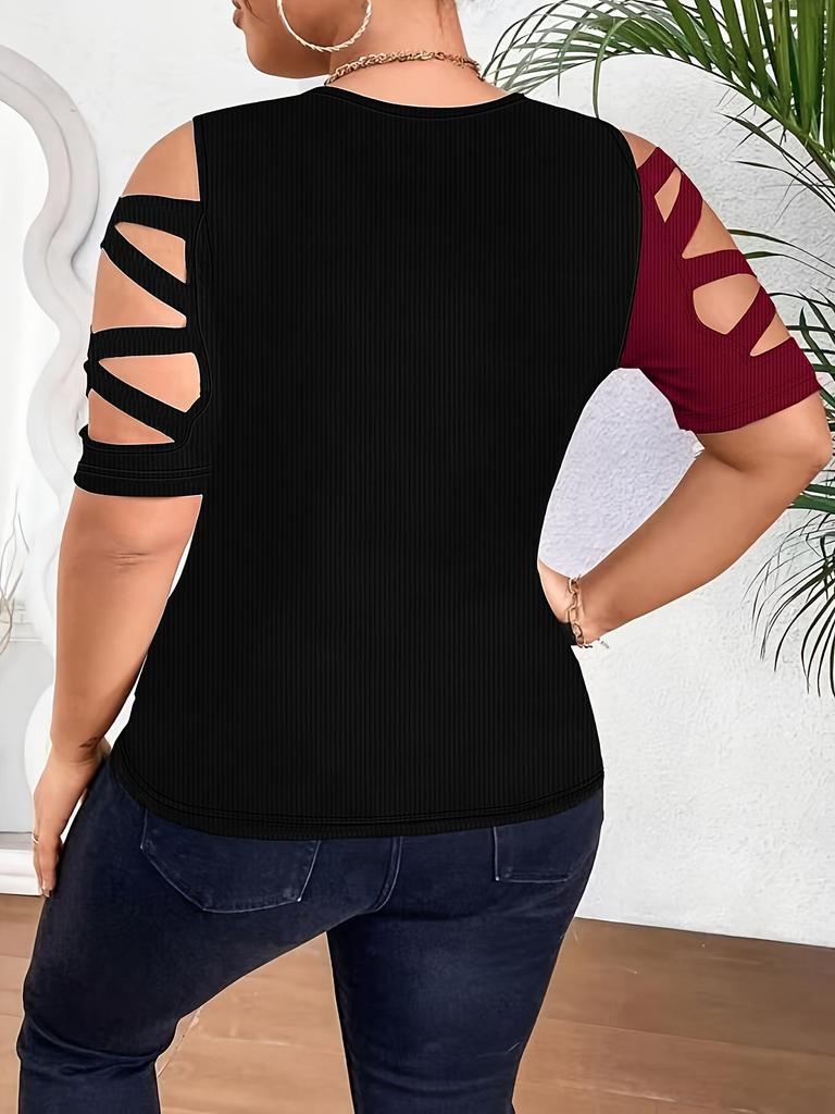 Damski Top Kolorowy Blokowy Z Odkrytymi Ramionami, Krótki Rękaw, Wyszczuplający, Elastyczny, Duży Rozmiar