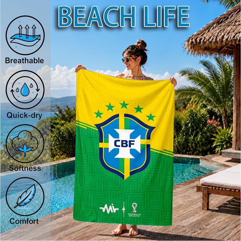 Brazilian Football Crest Printed Microfiber Beach Towel, Soft And Absorbent, Quick-Dry, Ideal for Summer Travel, Beach Essential, Swimming Pool