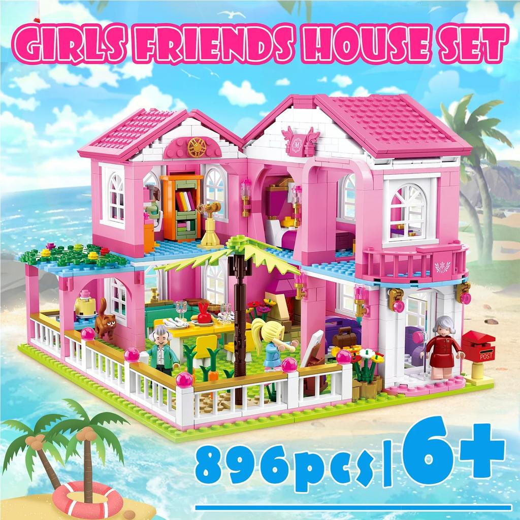896PCS Beach Holiday Villa Building Blocks Idea Desktop Decoration Girls Play House Toys Children's Educational DIY Toy Gifts NO BOX