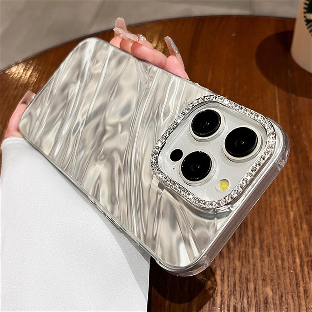Luxury Bling Glitter Diamond Camera Protection Phone Case for iPhone 14 11 12 13 15 Pro Max Shiny Wave Ripple Pattern Hard Cover
