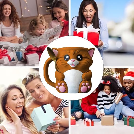 Yousheng Cat Ice Cream Pint Holder with Spoon Reusable Pint Sleeve for Ice Cream Soda Beer Cans Holder Comfortable Grip Dessert Table Accessory marron