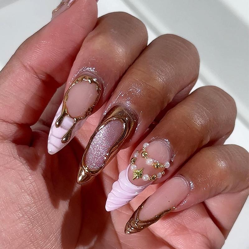 24Pcs White Gradient Press on False Nails Acrylic Stiletto Almond Fake Nail Wearable Solid Color Simple Full Cover Manicure Tips