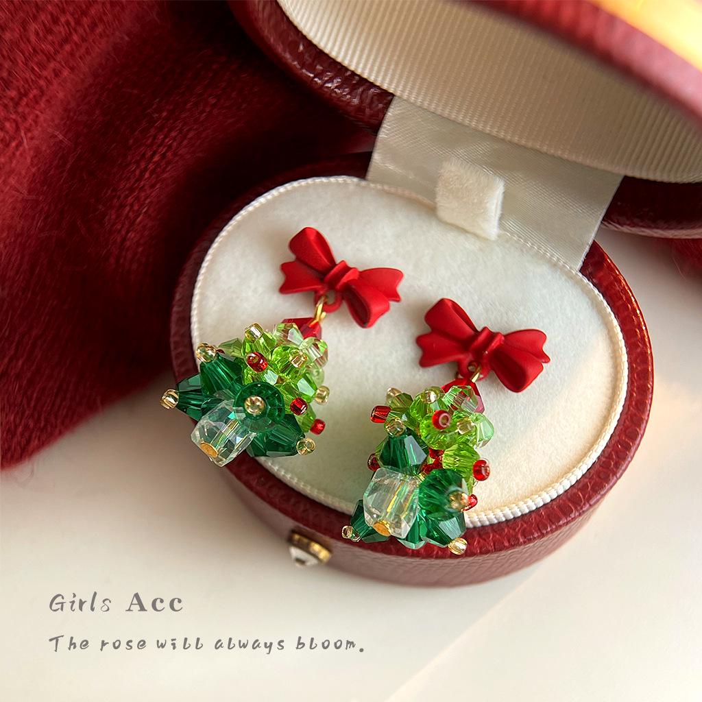 Серьги-пусеты ручной работы в виде милого бантика-сердечка и рождественской елки - серебряные иглы