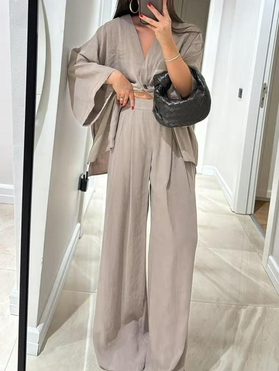 2025 European & American Women's V-neck Top and Wide-leg Pants Set: Casual, Stylish, Loose Fit