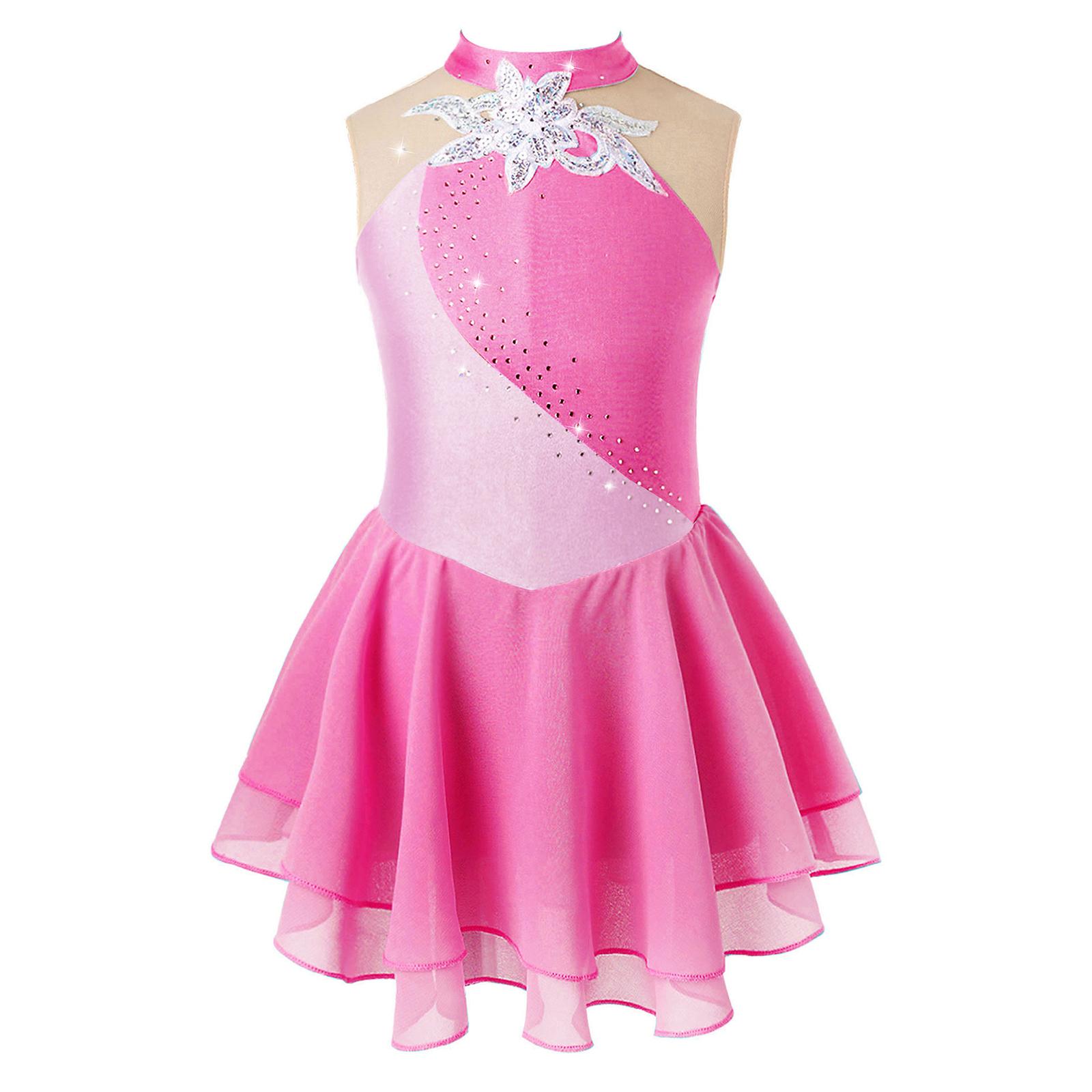 Vestito da pattinaggio di figura per ragazze per bambini, con giunture in maglia di strass, senza maniche, per balletto, danza, ginnastica, body, costumi da spettacolo 5-6 Years