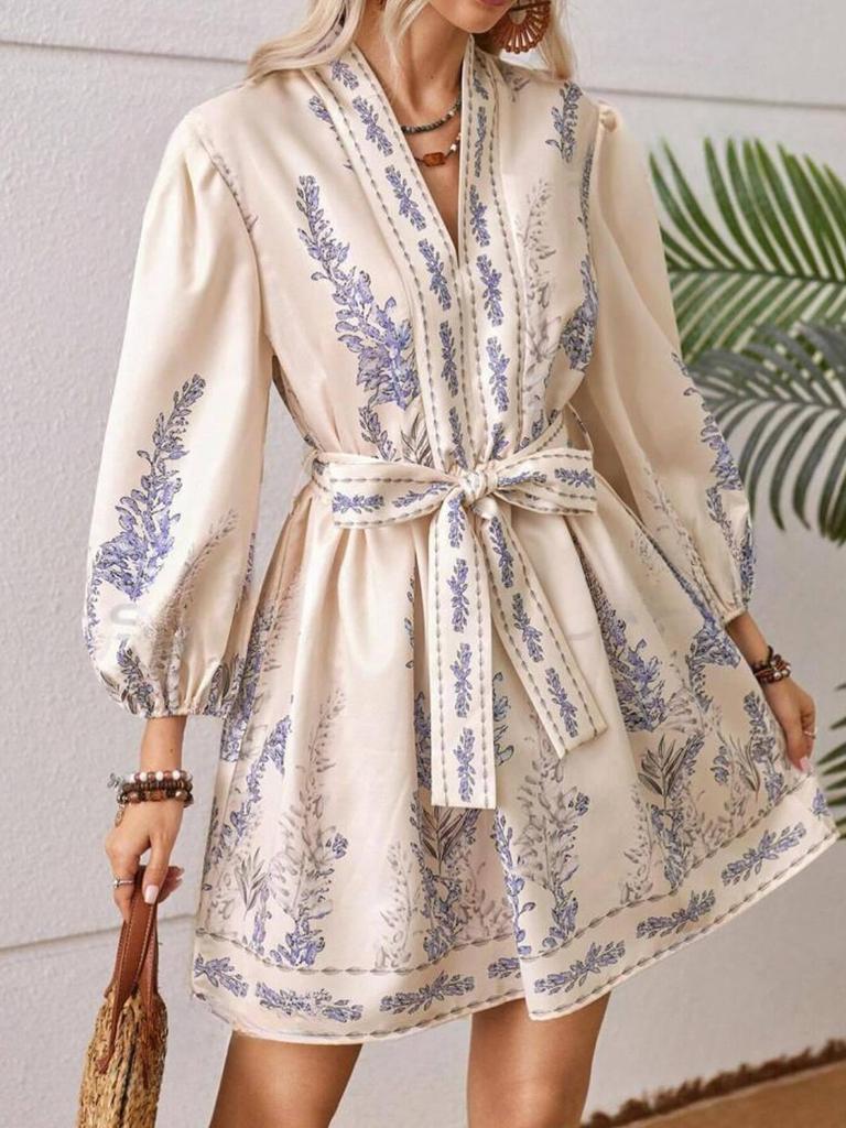 Wiosna Nowa Moda Damska Dekolt V Długi Rękaw Sukienka Boho z Nadrukiem