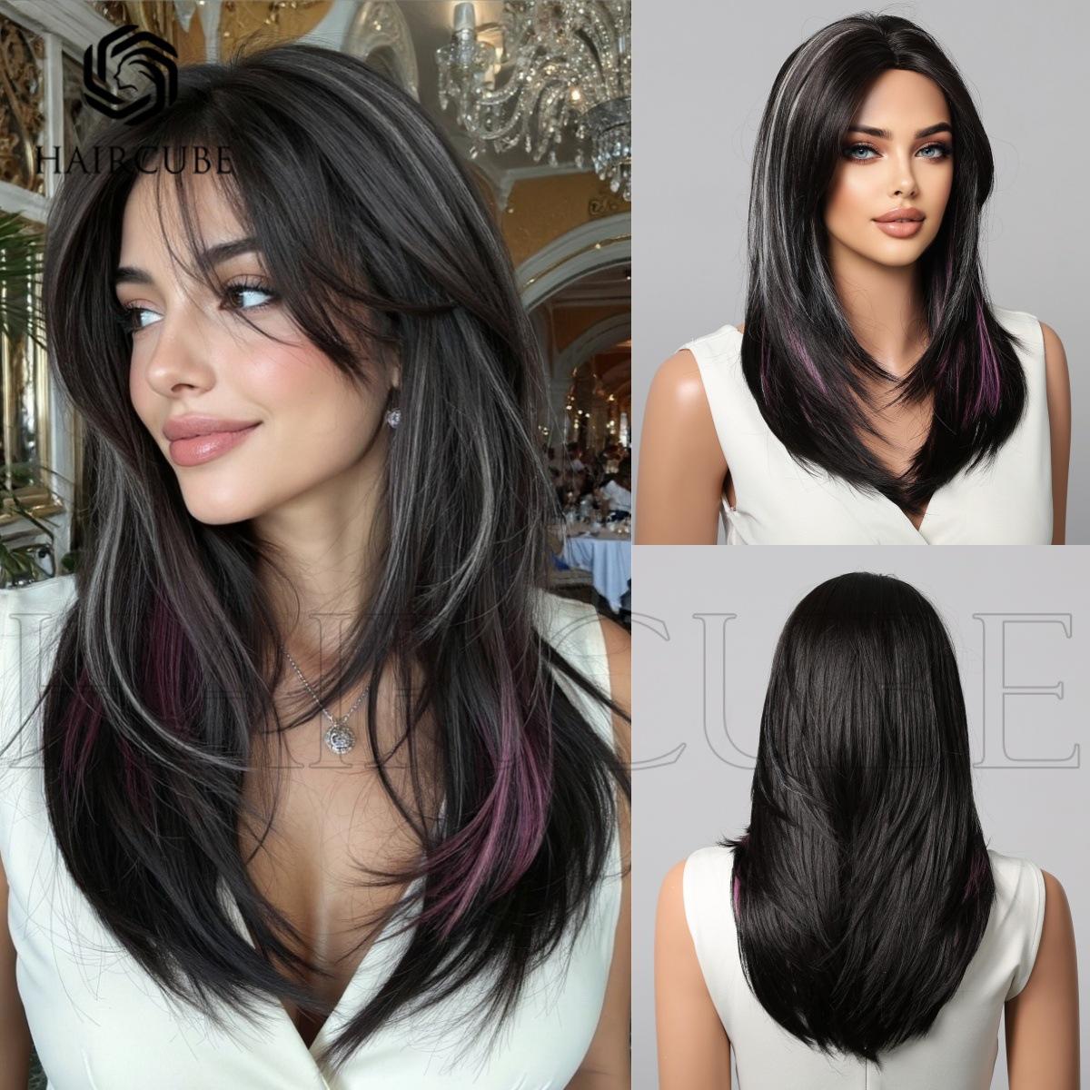 

Black Mixed Color Chemical Fiber Wig with Eight-Character Bangs выделения/чёрный
