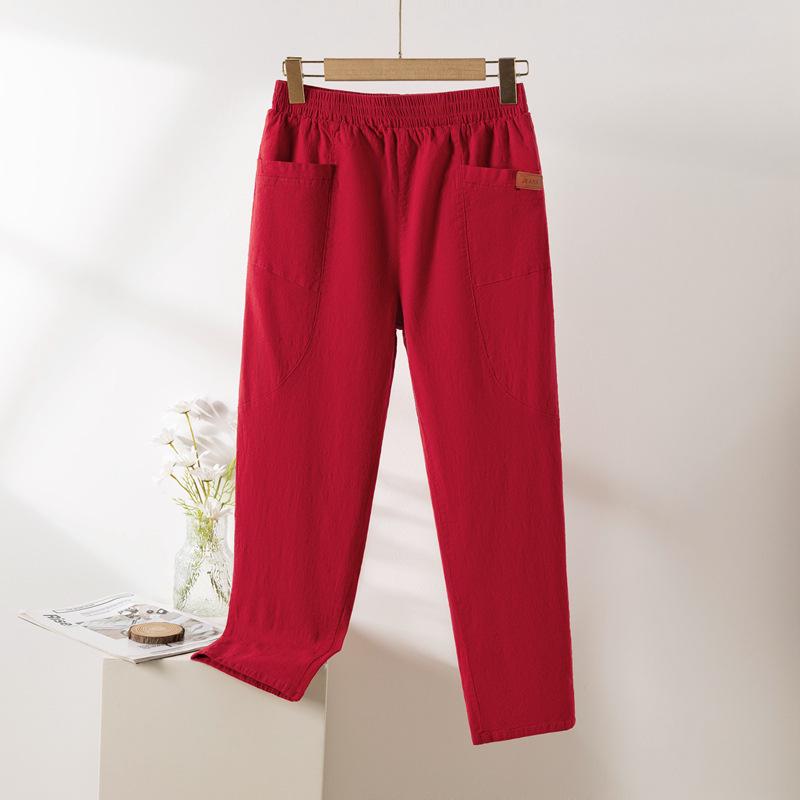 

Хлопково-льняные брюки прямого кроя с эластичной талией на весну/лето 2025 года для миниатюрных женщин среднего и пожилого возраста 4XL (125-140 jin) вино красного