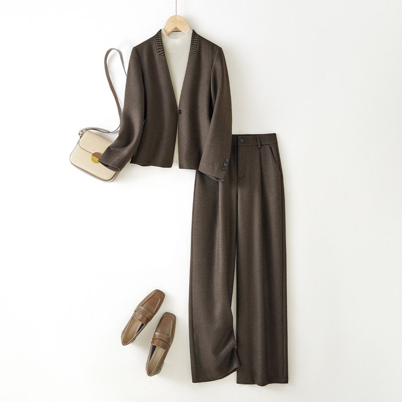 

Ihimi Sea Quiet French Style V-neck Suit Outwear Two-Piece Pants Female 2025 Winter Fancy Elegant Rain Pants Beech tree color M