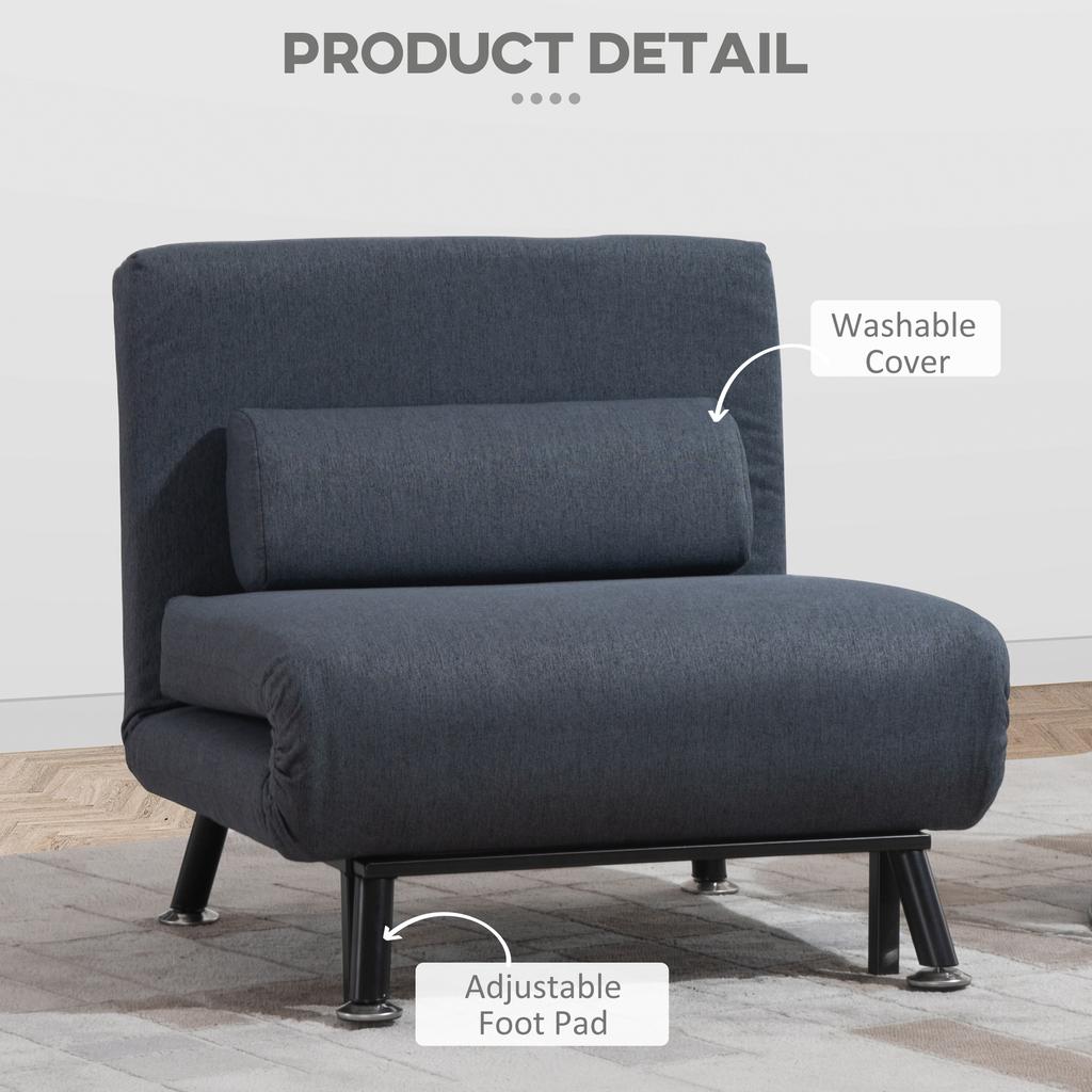 Single Sofa Chair Bed, Linen Fabric 3-in-1 Convertible Sleeper Chair with 5-Position Adjustable Backrest, 75cm Wide Seat, Pillow for Living Room