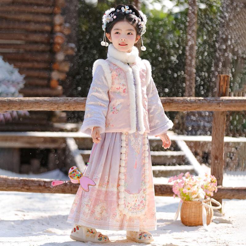 Annie Youer Girls' Winter Hanfu Tang Suit Dress Set