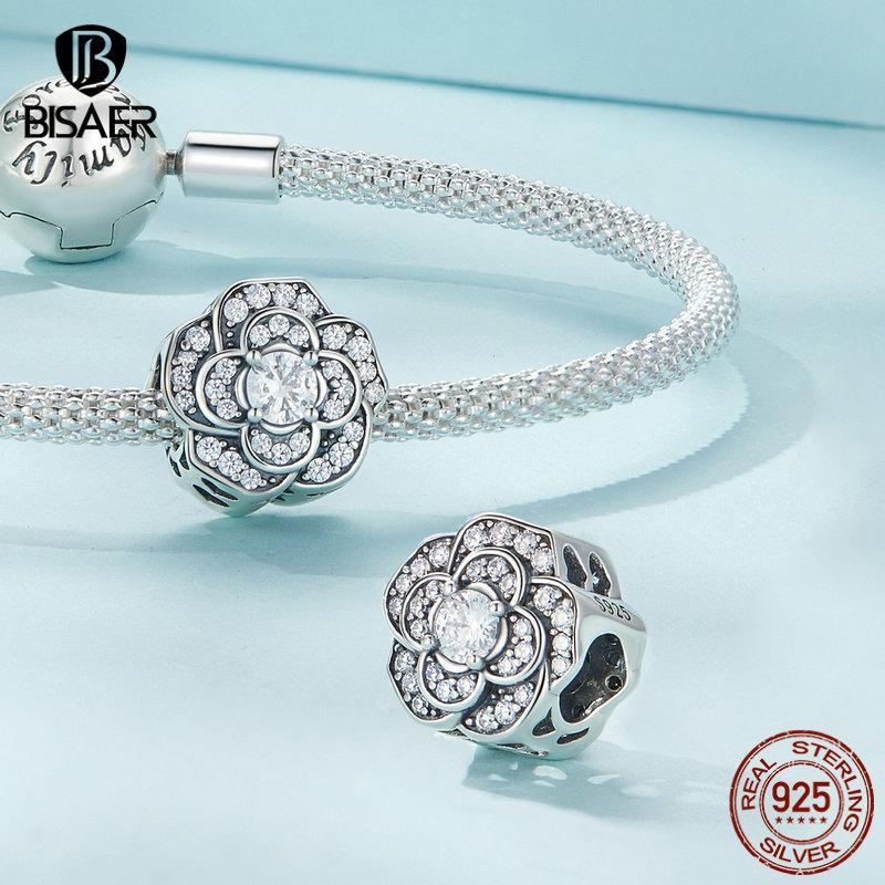 Bisaer 925 Sterling Silver Camellia Charm Beads for Women Original Bracelet Jewelry