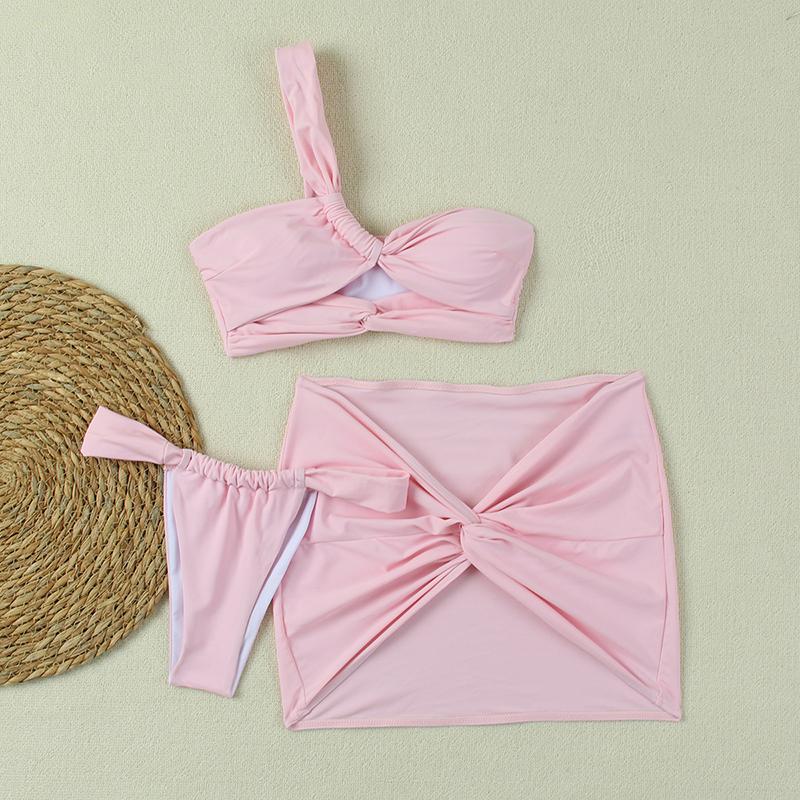 Sexy Ein Schulter Bikini Rock 3-teiliges Set Damen Einfarbig Geteilt Badeanzug Strand Neu Sommer Bademode Set