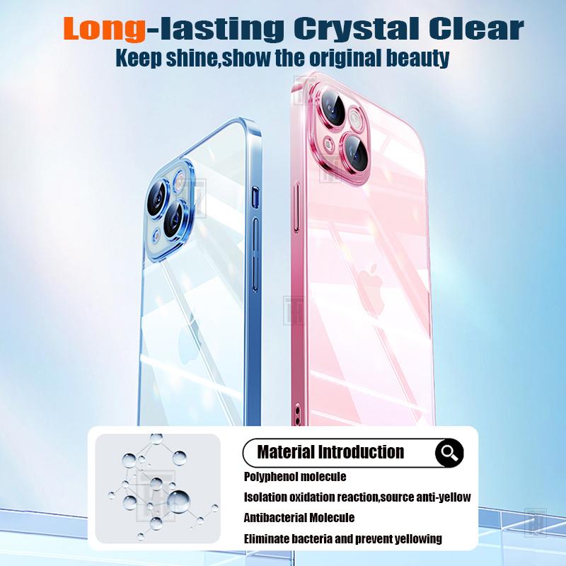 Official Not Yellowing High Clear Plating Case for For Iphone 16 15 14 13 12 11 Pro Max Plus Ultrathin Lens Film Protect Soft Cover