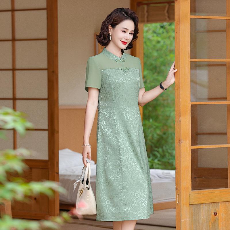 Rochie Qipao Elegantă de Vară cu Mânecă Scurtă, Șic, 2025, pentru Femei de Vârstă Mijlocie