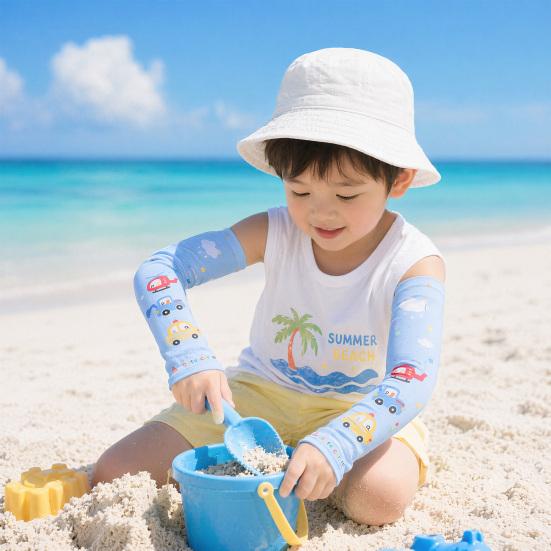 Kids Sun Protection Sleeves, Cute Animal Car Print Arm Sleeves with Thumb Holes, Breathable UV Protection Cooling Sleeves for Boys Girls