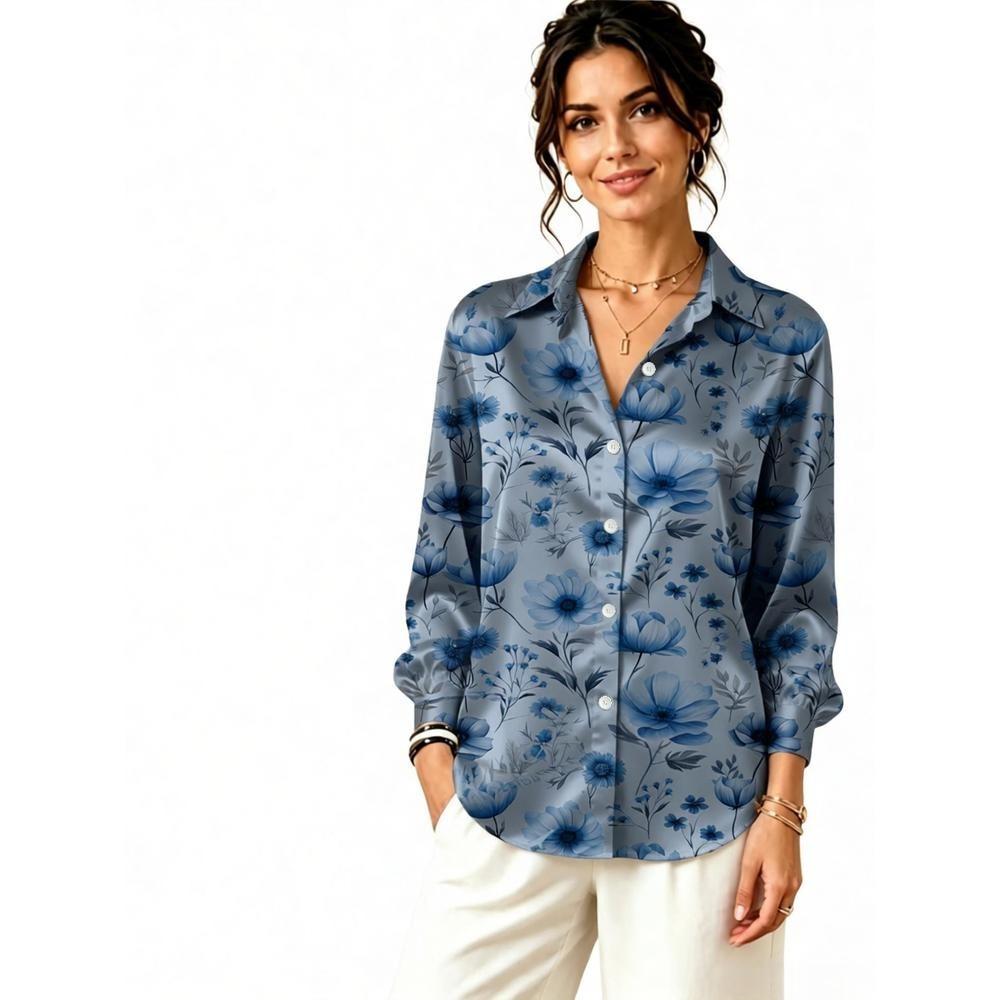 Light Purple Floral Print Satin Long Sleeve Shirt, Women Lapel Blouse for Office & Daily