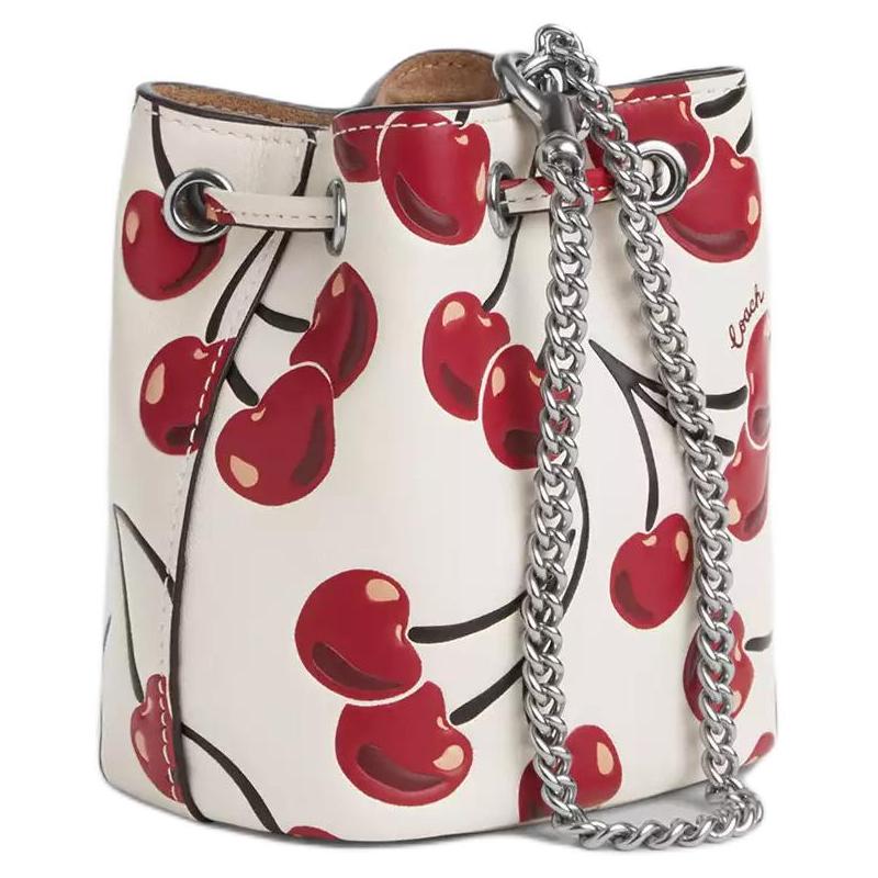 Coach 12 Chain Shoulder Strap Cherry Print Cow Leather Handbag Women's White