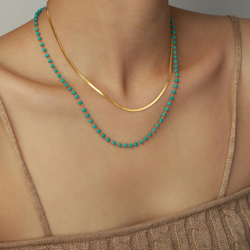 European & American Titanium Steel Geometric Turquoise Double-Layer Clavicle Chain Necklace for Women - Fashionable & Versatile Design