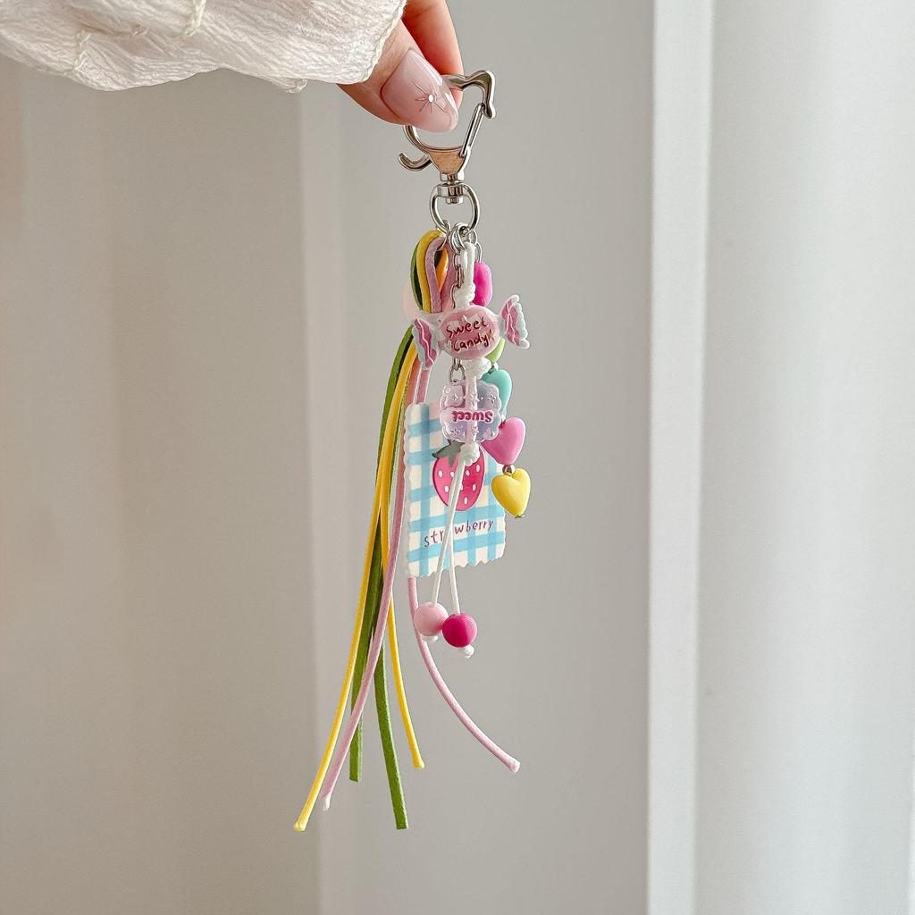Dopamine Strawberry Heart Keychain: Cute Candy Pendant with Tassel - Small Gift Bag Accessory