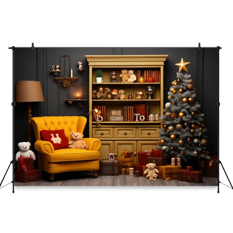 Mocsicka Indoor Christmas Home Photography Backdrop Child Birthday Photo Background Xmas Tree Bear Gifts Sofa Party Decor Banner