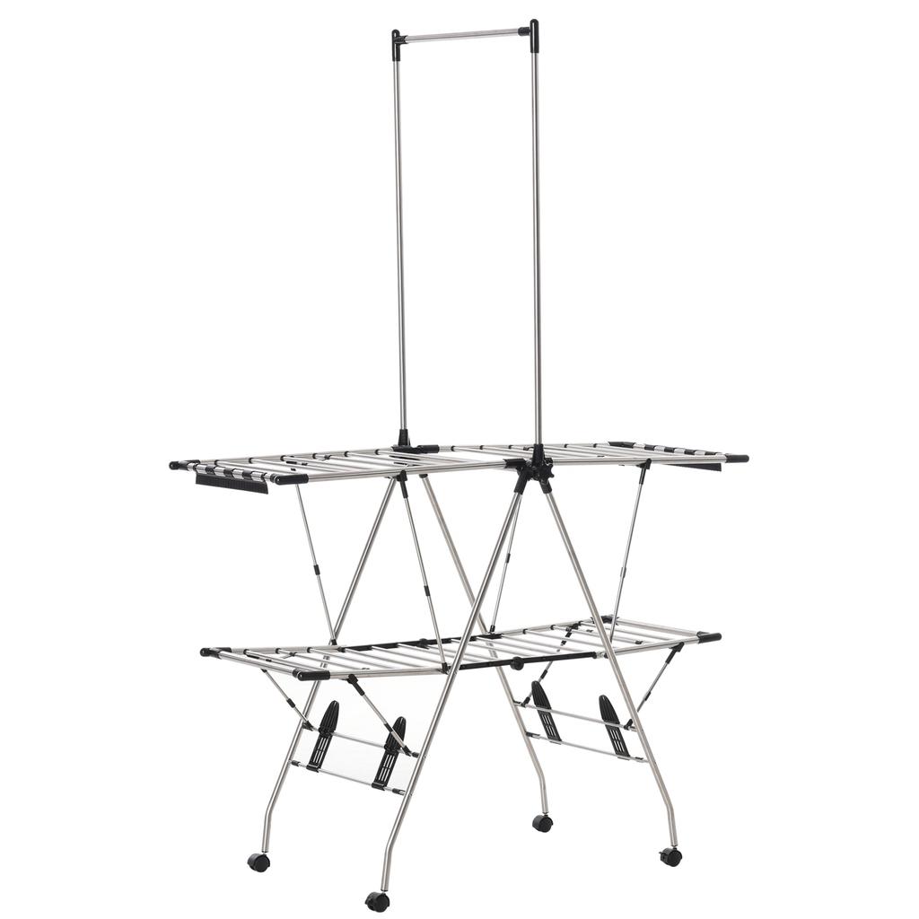 Clothes Airer Foldable Drying Rack with Wheels Large Drying Space Stainless Steel 138.5 x 63 x 208 cm