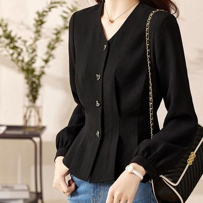 V-neck Black Shirt, Women's Unique and Beautiful Long Sleeved Short Waist Top