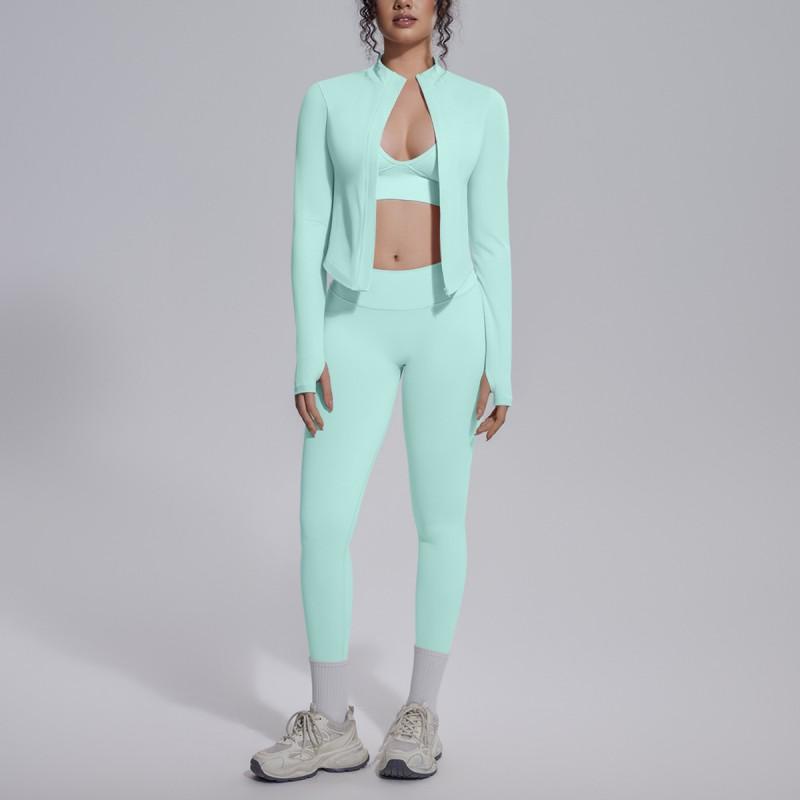 Seamless Yoga Workout Set Zip Jacket Sports Bra V-Waist Shorts Leggings Gym Fitness Outfit