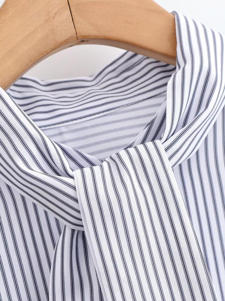 Spring 2026 European & American Style Stand Collar Striped Poplin Shirt with Scarf