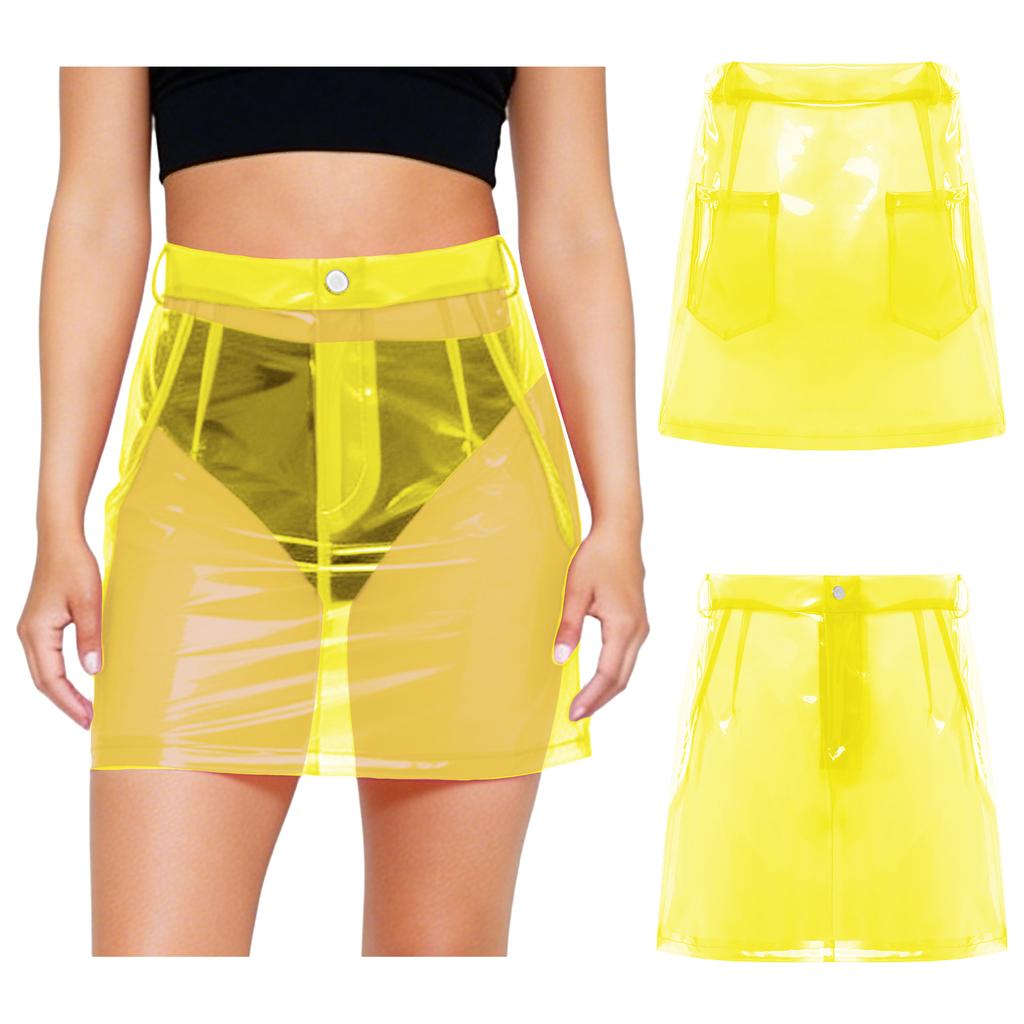 S-XXL Women Clear PVC High Waist Bodycon Mini Skirt with Side Pockets Transparent Cover Up for Swimsuit Beach Clubwear
