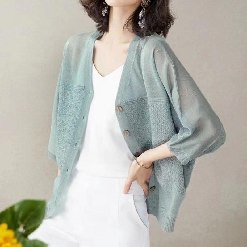 Spring and summer ice silk sunscreen air conditioner shirt thin blouse large size fat mm seven-quarter sleeve outer knitted cardigan women's coat