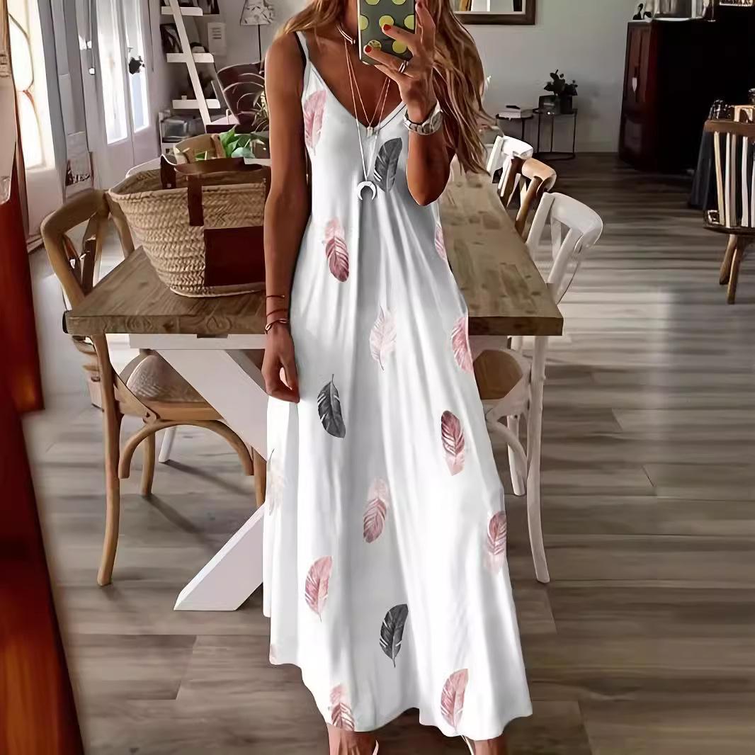 

GMXIA Весна и лето Новые узкие без рукавов с принтом перьев, глубоким вырезом, V-образным вырезом, халтером и длинным женским платьем XXL белый
