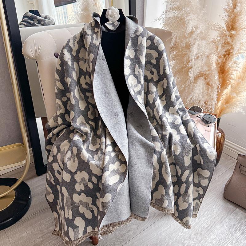 Autumn and Winter European and American Leopard Print Scarf Women's Imitation Cashmere Long Fringed Shawl Scarf Neck Warm Scarf