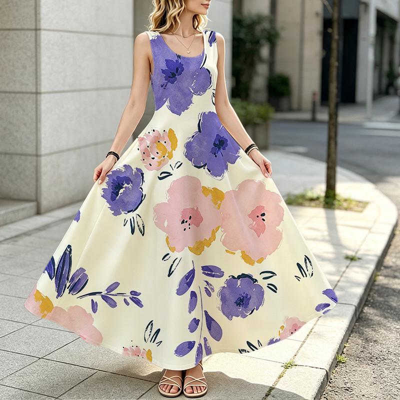 Women's Sleeveless Maxi Dress,Loose Fit,Big Floral,Flowy & Slimming,Comfy for Beach,Daily Casual,Travel,Versatile