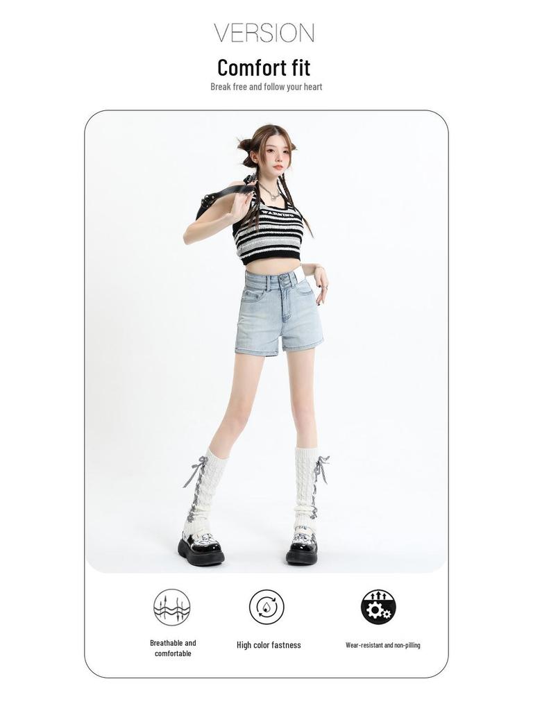 Shorts vaqueros retro de talle alto de verano 2025 con línea A para mujer