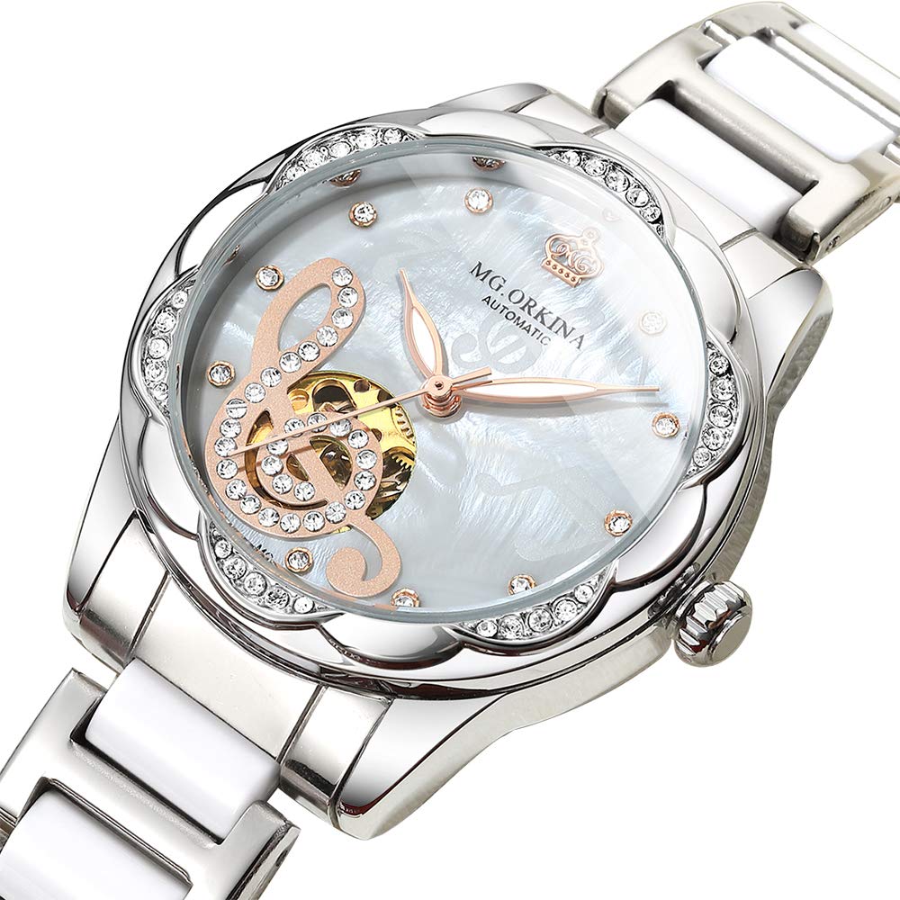 BOLYTE Fashionable Openwork Mechanical Watch Mother of Pearl Ceramic Stainless Steel Diamond Music Ladies Automatic Watch Waterproof Luminous Women's