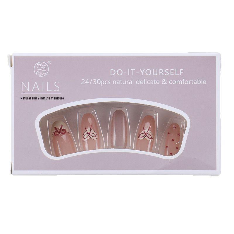 Douyin Hot Tragbare Nagelspitzen: Süße Schleife Nagelkunst - Abnehmbare Süße Mädchen Falschnägel
