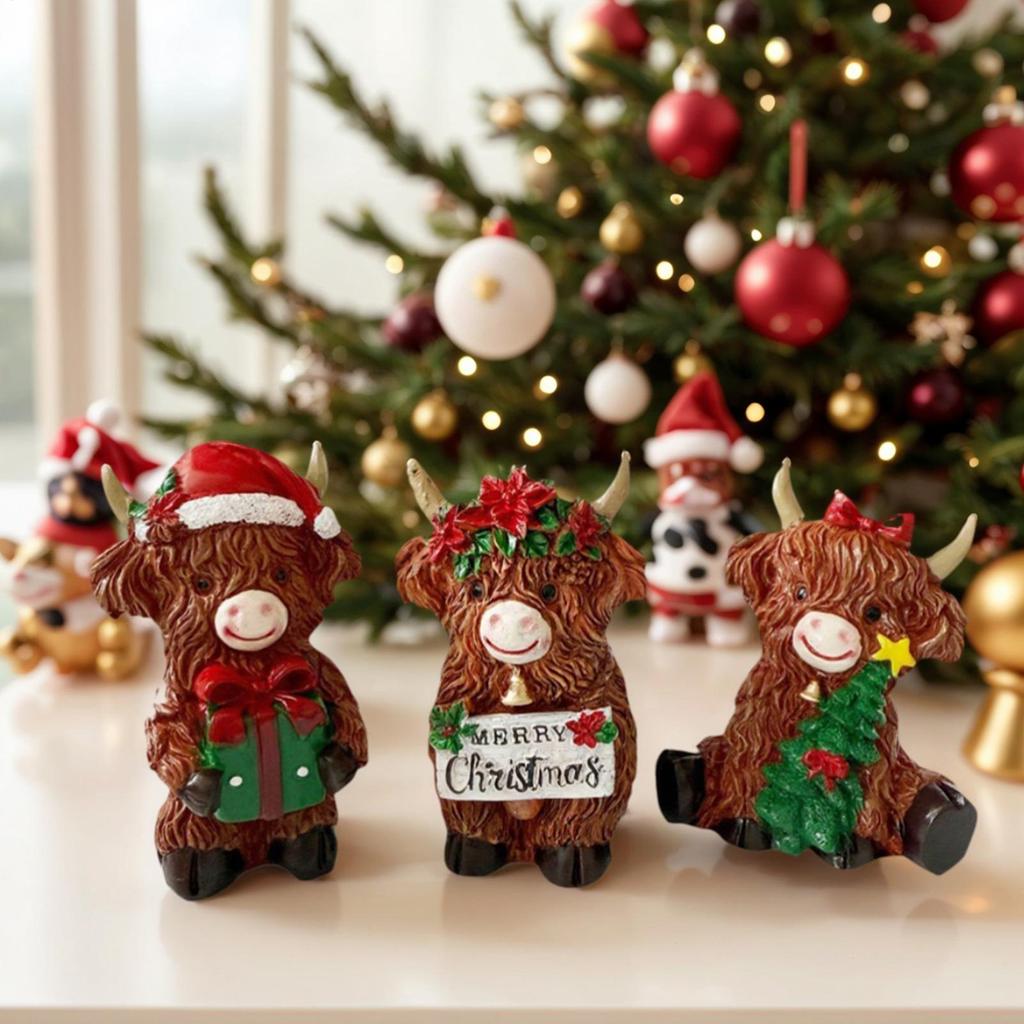 Christmas Highland Cattle Statue 3Pcs Cow Figurines Cute Small Resin Statue Christmas Gifts Home Office Desk Decoration