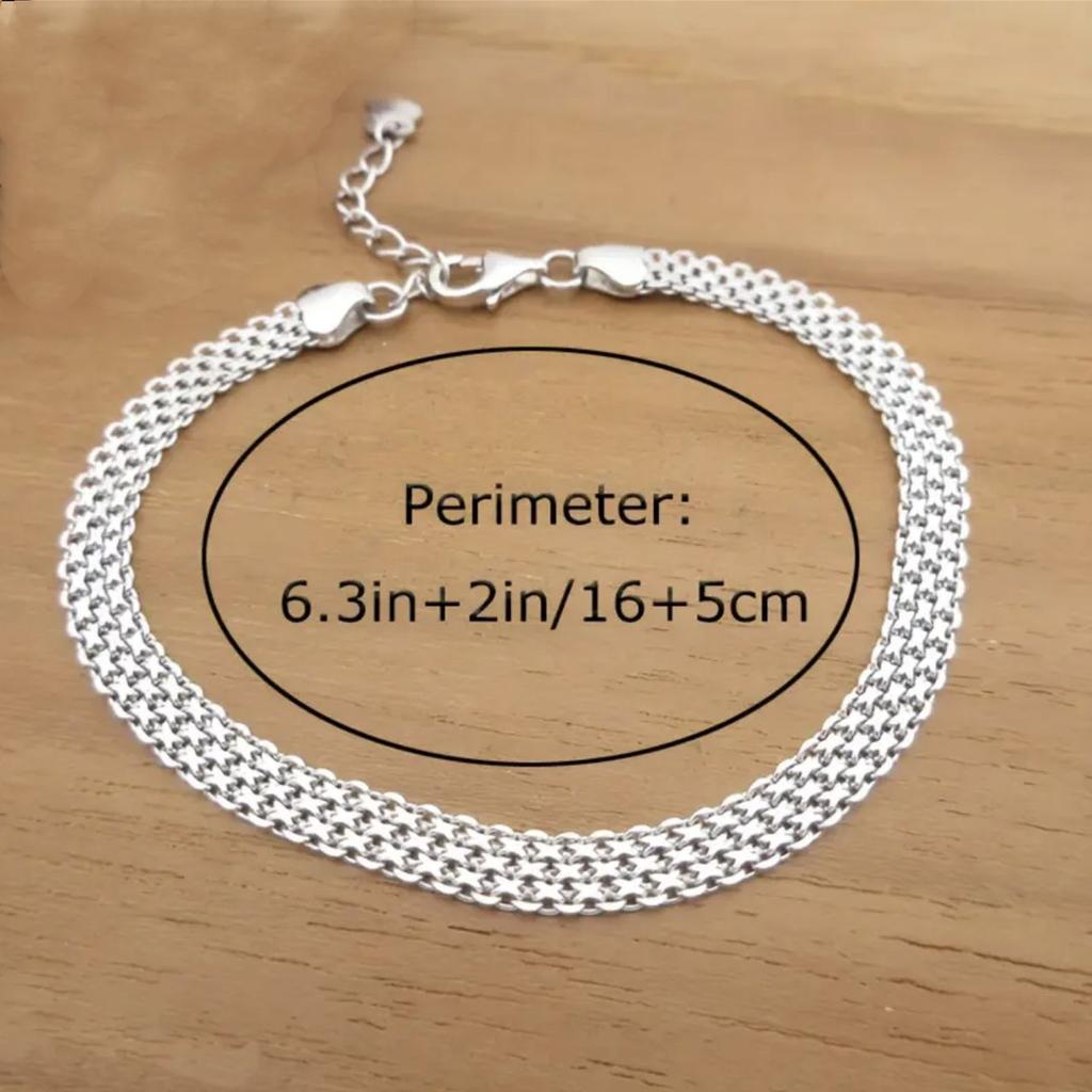 Silver Plated Embossed Grid Flat Watch Chain Bracelet Women's Fashion Accessories