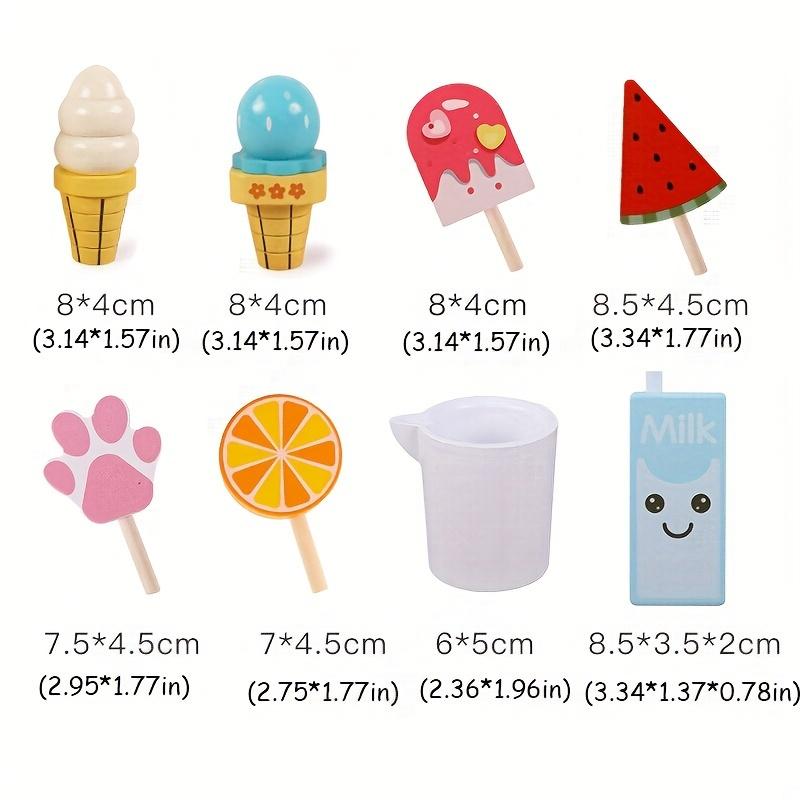 Wooden Ice Cream Playset Colorful Pretend Play Food for Youngsters, Includes Ice Cream Cones, Popsicles, and Milk Carton, Ice Cream Party Decorations