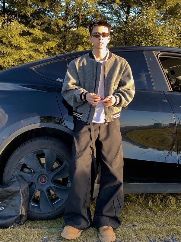 Men's Gray Woolen Bomber Jacket - Retro Baseball Style for Spring and Autumn