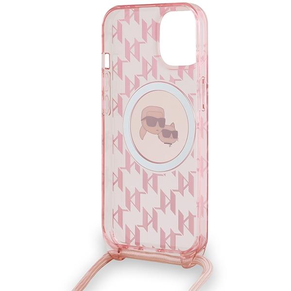 Karl Lagerfeld Klhmp15Shckcklcp Iphone 15 / 14 / 13  6.1 Rosa/Pink Hardcase Iml Crossbody Monogram Karl & Choupette Head Magsafe