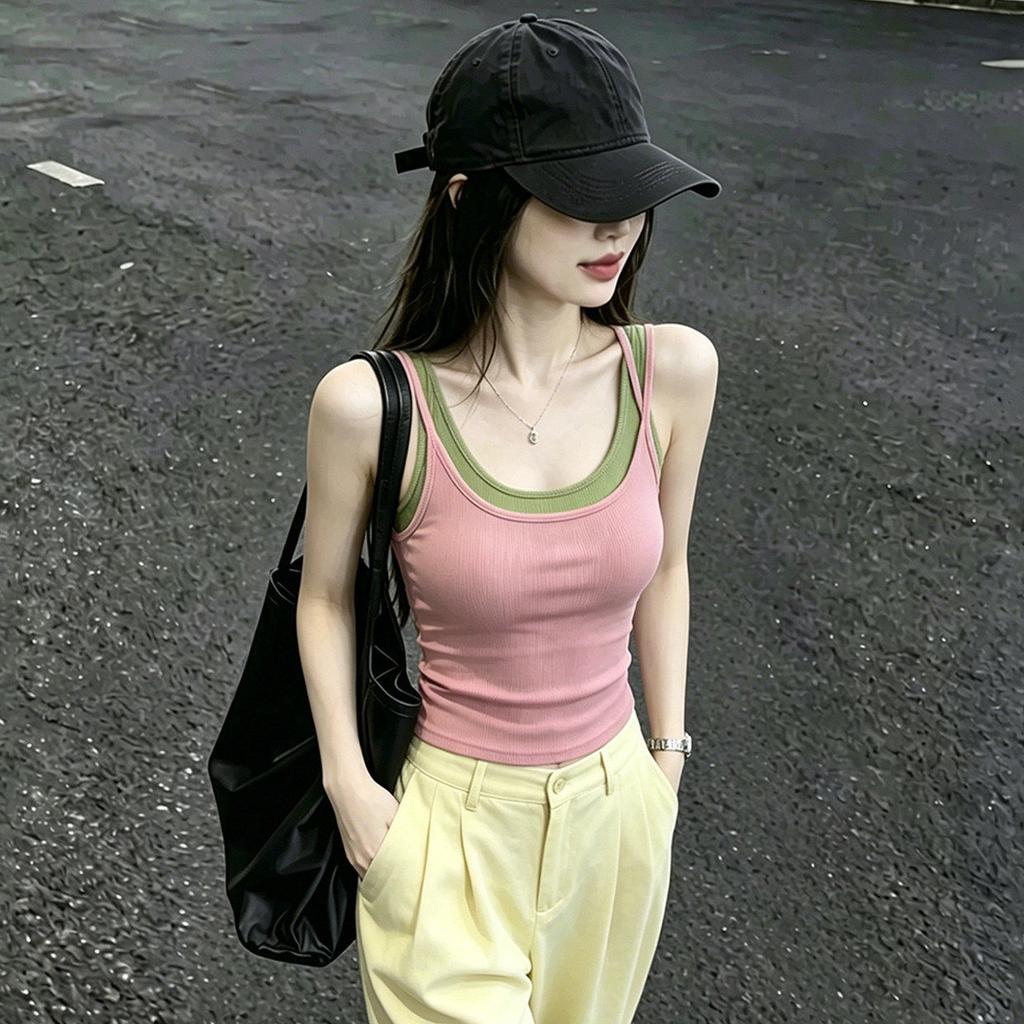 American Spice Girl fake two-piece suspender vest women's summer summer color contrast color matching double shoulder strap sweet and spicy inner and