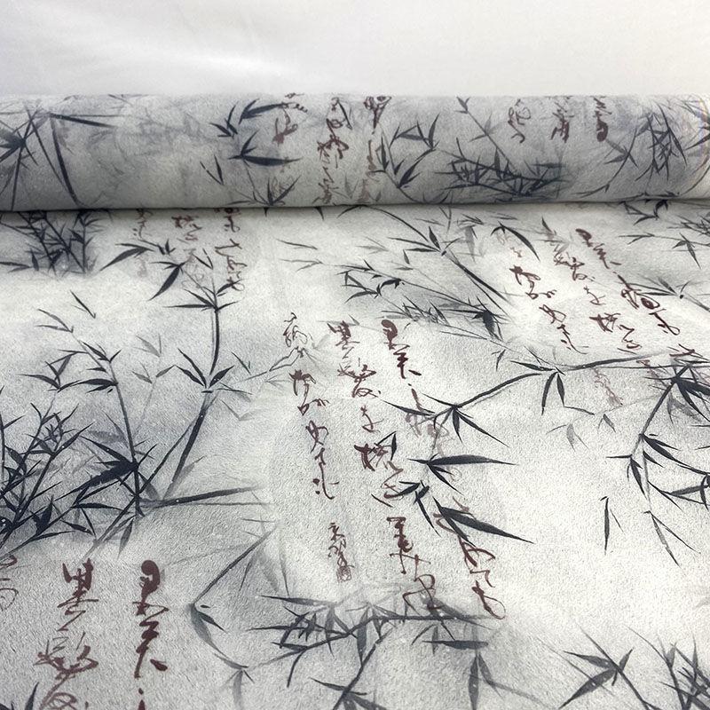 

Chinese Style Calligraphy Font Gradient Gauze Bamboo Leaf Printed Double Crepe Fabric for DIY Apparel Party Background Decor 500x150cm