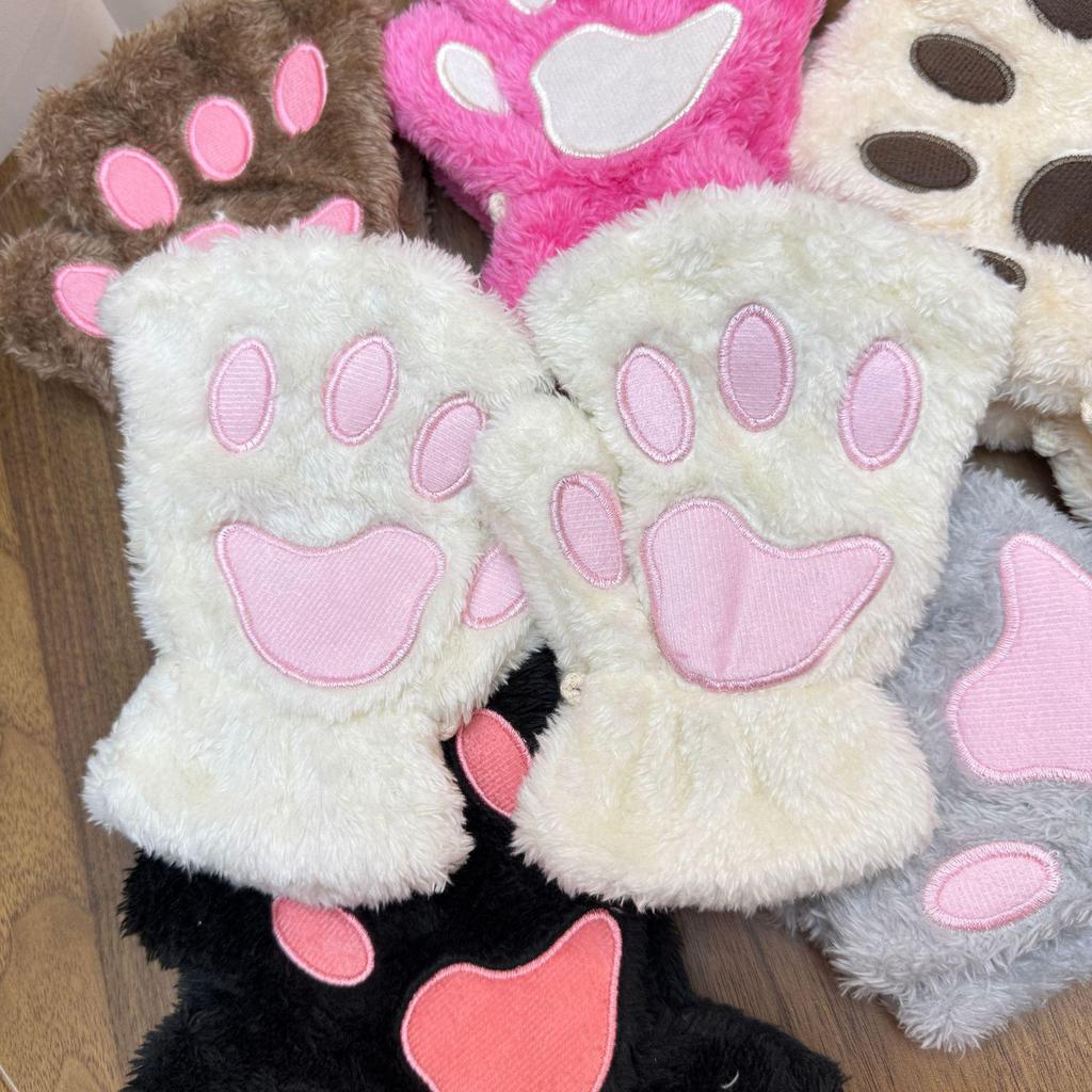 Women's Cute Cat & Bear Paw Fingerless Fleece Gloves