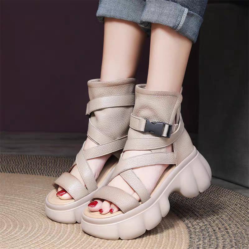 Women's Shoe Toe Layer Cowhide Roman Style Thick Soled Sandals Women's Fish Mouth Buckle Leather Cool Boots