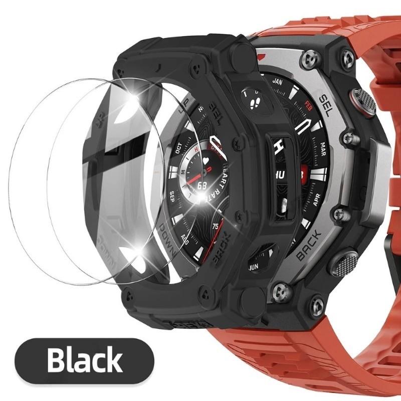 Anti-scratch Screen Protector Tempered Glass Film with Bumper Silicone Protective Cover for Amazfit T-Rex 3 Pro T-Rex3