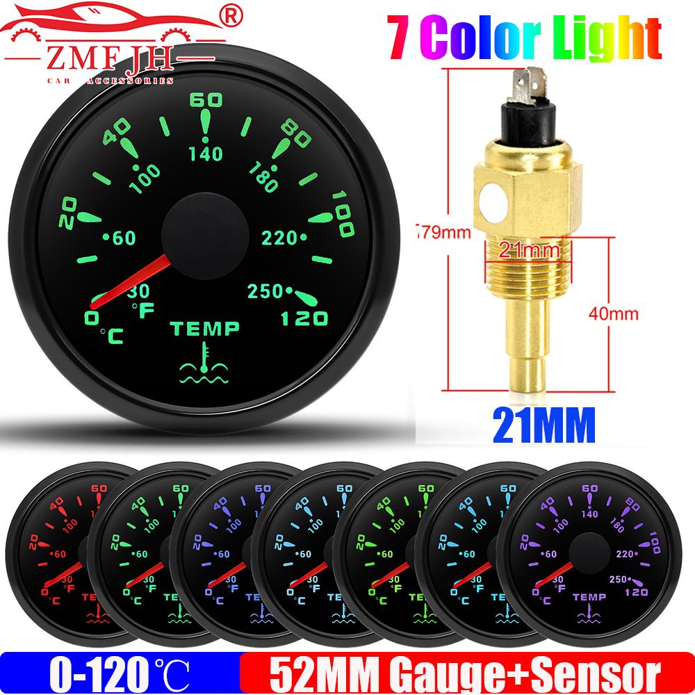 0~120℃,30~250℉ 52MM Water Temperature Gauge+Water Temp Sensor 10.2MM,12MM,16MM,17MM,21MM 7 Color Light for Boat Yacht Car 12V24V