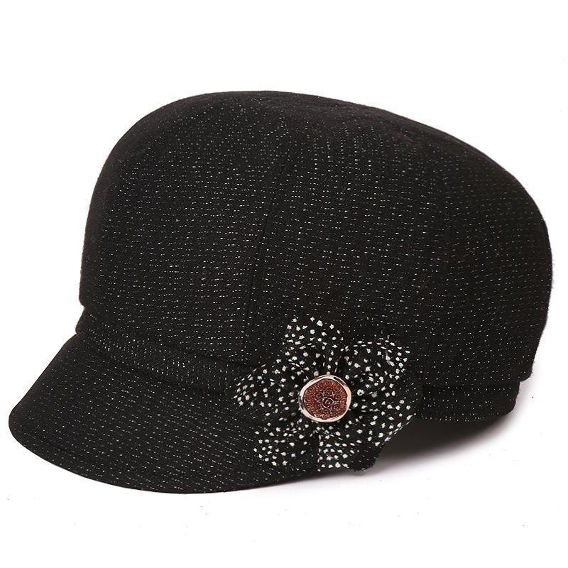 

Polyester Elderly Women Cap With Flower Decoration For Spring Autumn Casual Wear Black